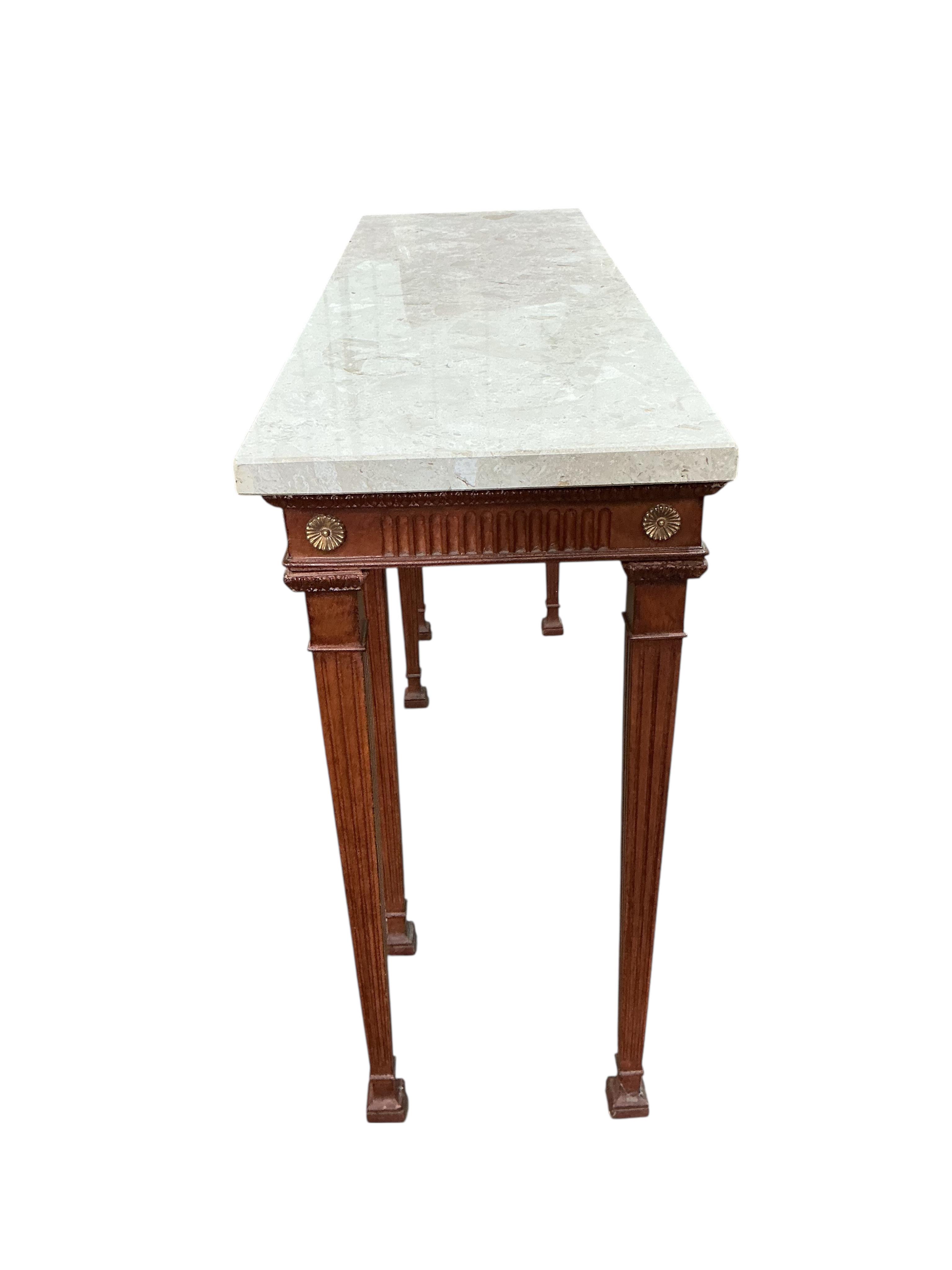 A George III style marble top console table, width 121cm, depth 38cm, height 81cm